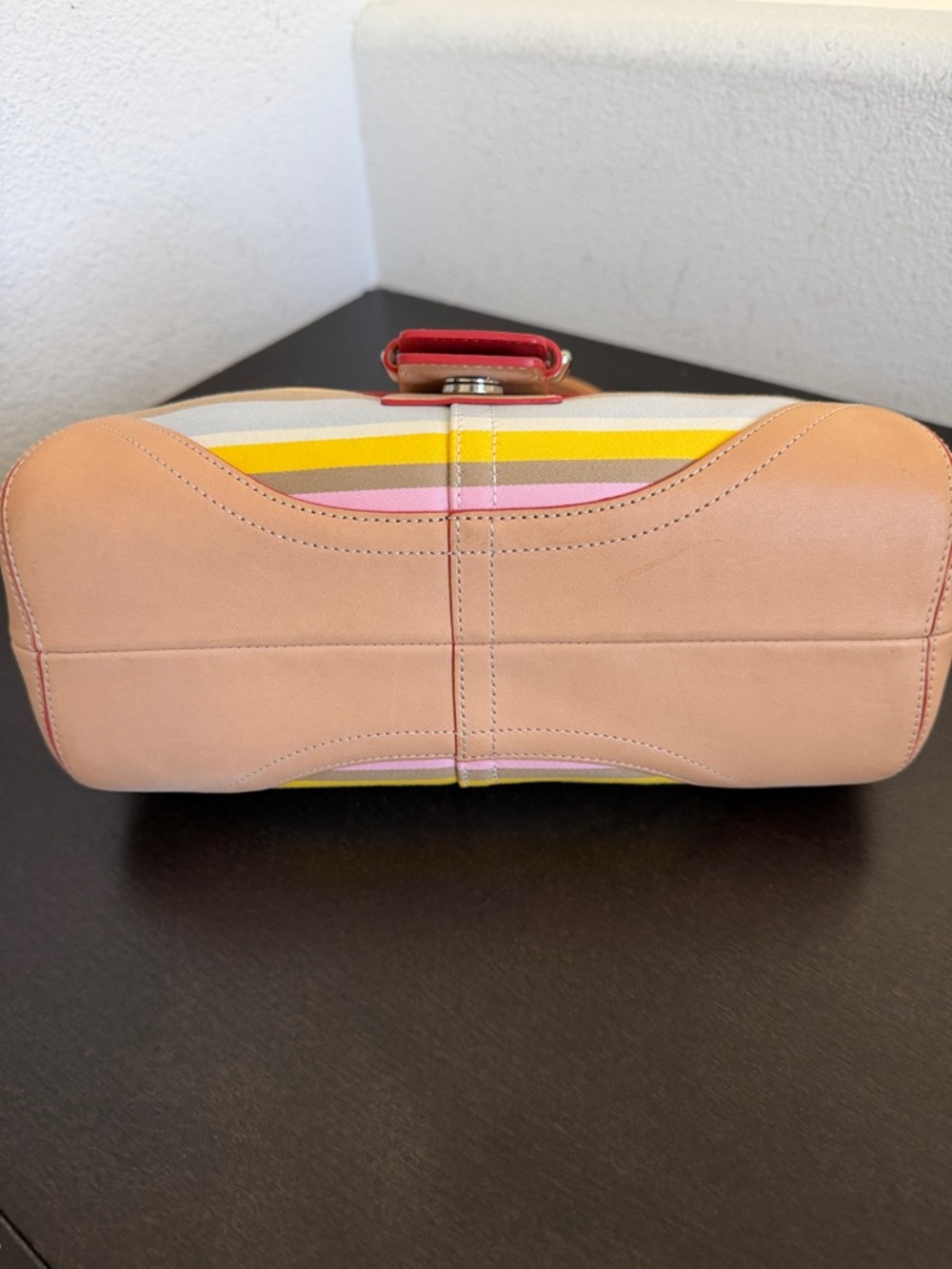 VINTAGE Coach Pink Multi-Stripe Leather-Trim Satchel with Floral Charm(LIKE NEW) - Picture 7 of 16